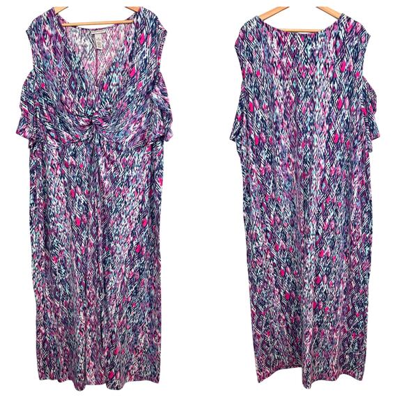 Catherines Women 4X Plus Cold Shoulder Maxi Dress Geometric Resort Vacation Boho - Picture 1 of 9